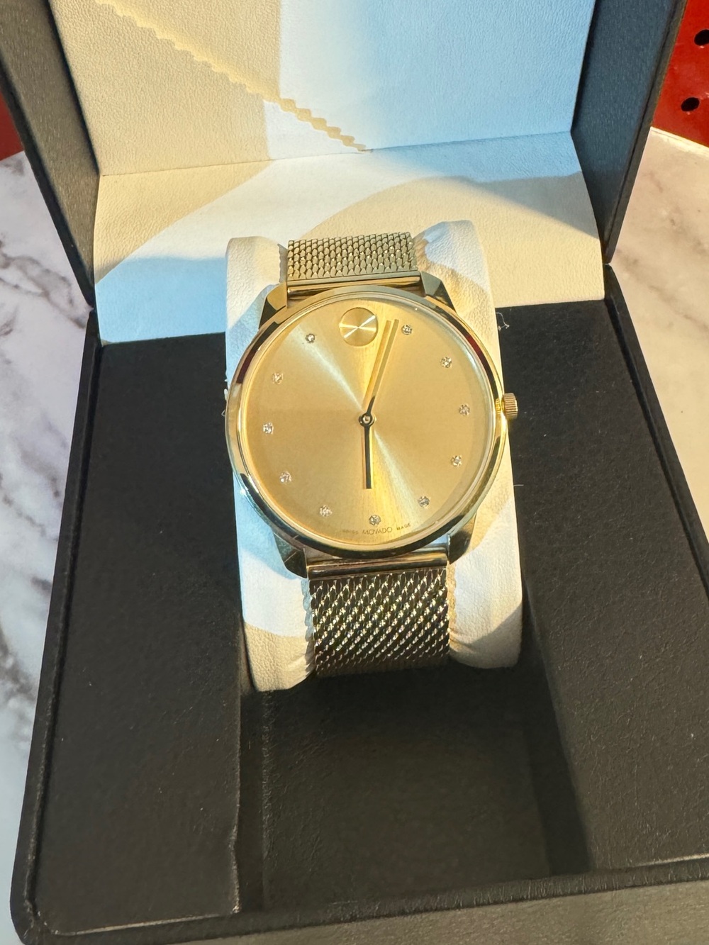 Movado Bold 40mm Quartz Gold Dial Crystal Markers Mesh Band